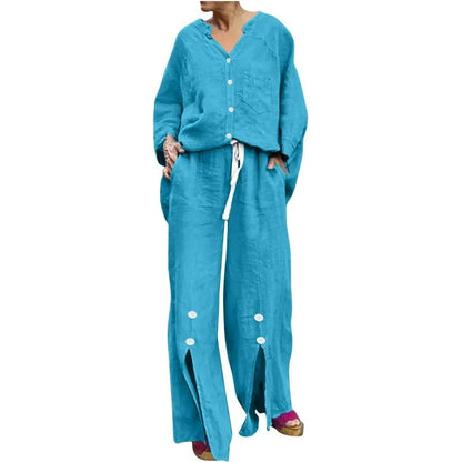 Ensemble Femme Deux Pièces – Cardigan Col V Boutonné – Pantalon Large Coton