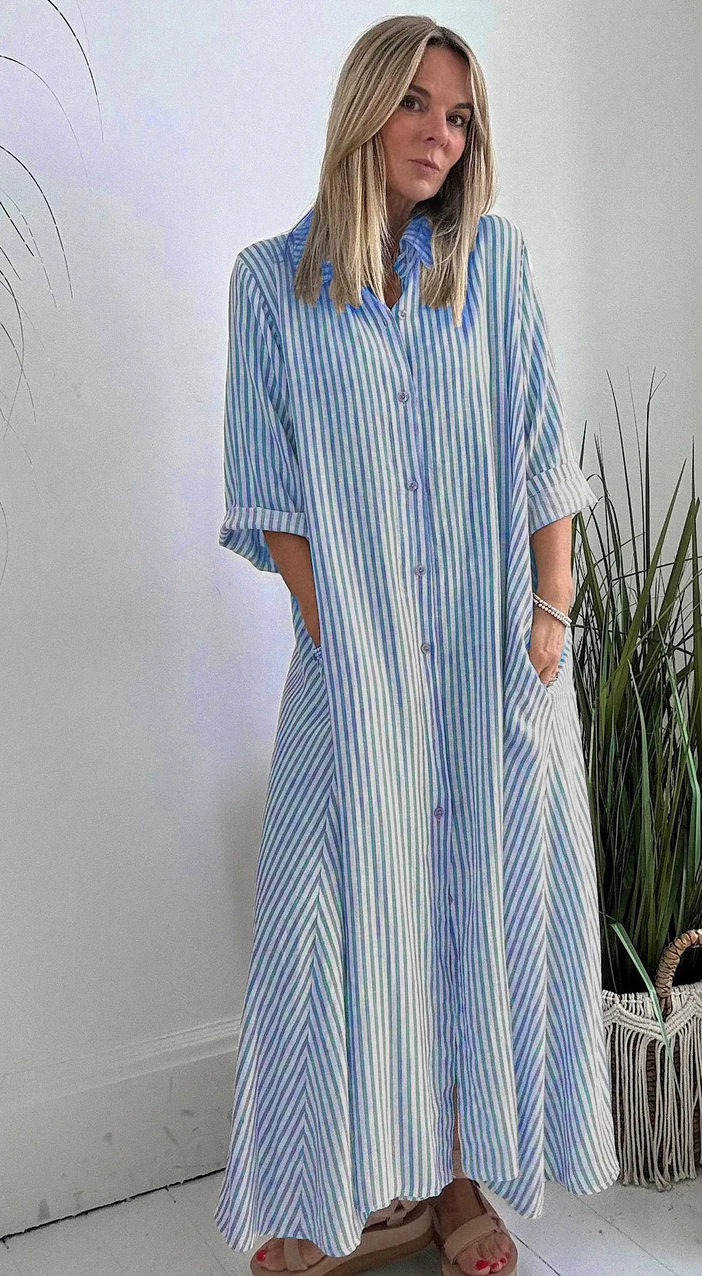 Robe longue femme – Coton – Coupe ample – Rayures – Col à revers – Manches 3/4