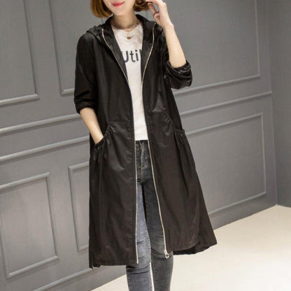 Veste imperméable femme – Coupe décontractée – Longueur genou – Capuche – Zip complet