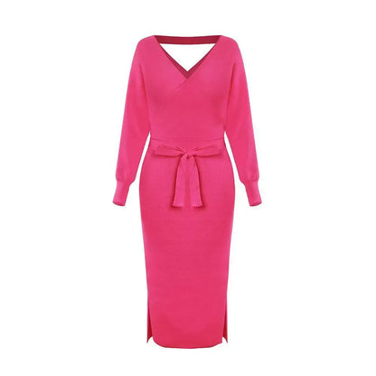 Robe pull femme – Coupe ajustée – Col en V – Longueur midi – Ceinture à nouer