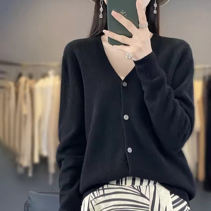 Pull femme – Laine mélangée – Coupe décontractée – Col V – Boutonnée – Manches longues