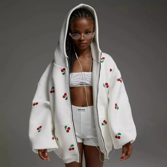 Veste à capuche femme – Coupe oversize – Motif cerises – Fermeture zippée – Style décontracté