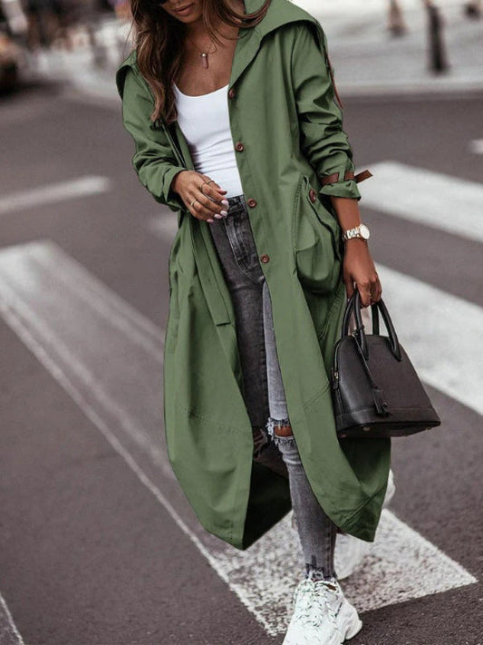 Manteau trench femme – Coupe oversize – Longueur cheville – Capuche style utilitaire