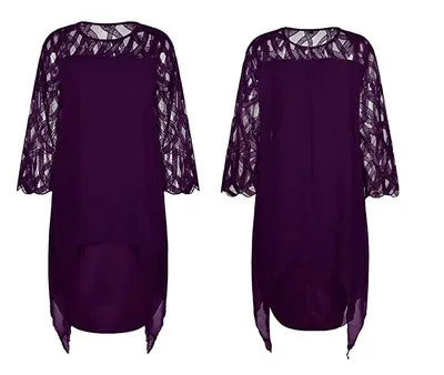 Robe midi femme – Coupe fluide – Chiffon léger – Dentelle – Manches 3/4 – Ourlet asymétrique