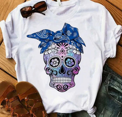 T-shirt femme – Coupe décontractée – Coton doux – Manches courtes – Imprimé tête de mort