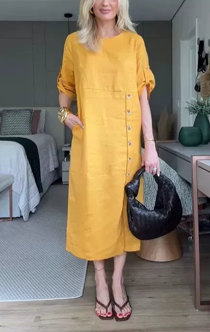 Robe midi femme – Coupe décontractée – Lin et coton – Manches courtes roulottées – Boutons côté
