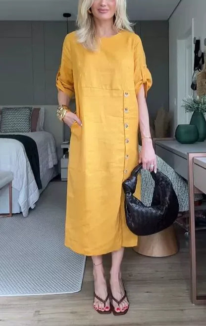 Robe midi femme – Coupe décontractée – Lin et coton – Manches courtes roulottées – Boutons côté