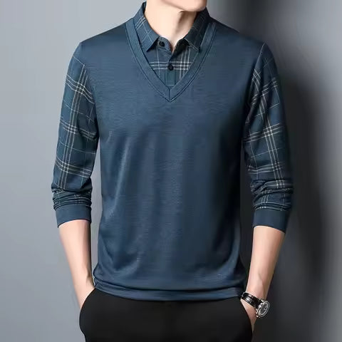 Sweatshirt homme – Coupe slim – Maille douce – Col V superposé – Manches à carreaux