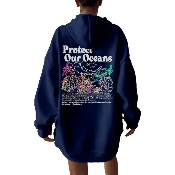 Sweat à Capuche Femme – Coupe Oversize – Toucher Coton – Imprimé Marin Graphique