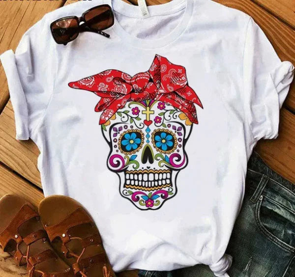 T-shirt femme – Coupe décontractée – Coton doux – Manches courtes – Imprimé tête de mort