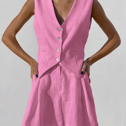 Blazer sans manches femme – Linnen – Coupe ample – Col tailleur – Boutons devant