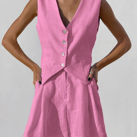 Blazer sans manches femme – Linnen – Coupe ample – Col tailleur – Boutons devant