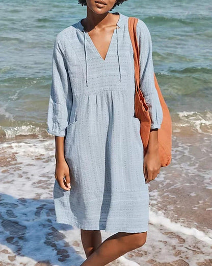 Robe femme – Coupe décontractée – Fibre naturelle – Manches 3/4 – Col en V