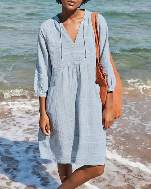 Robe femme – Coupe décontractée – Fibre naturelle – Manches 3/4 – Col en V