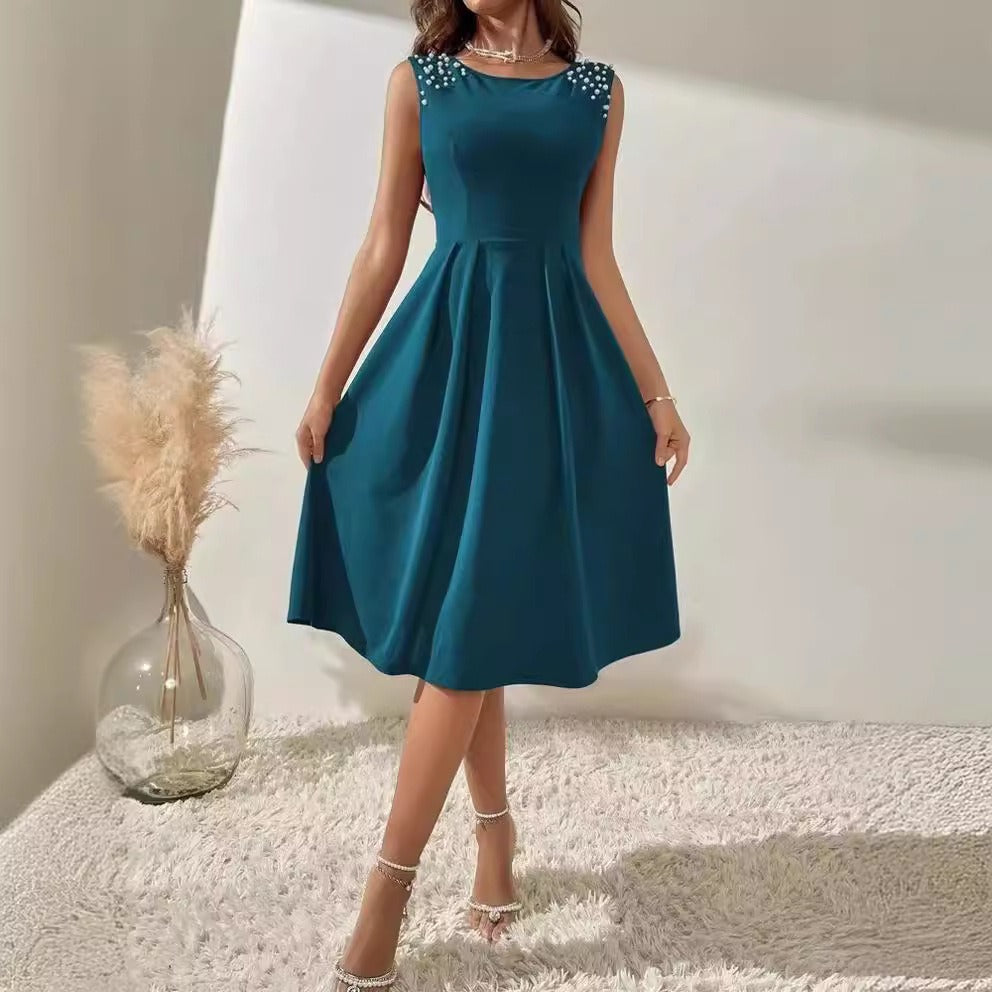 Robe midi femme – Taille ajustée – Épaule perlée – Sans manches fluide
