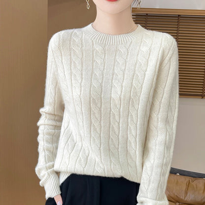 Pull femme – Maille torsadée – Coupe décontractée – Col rond – Manches longues