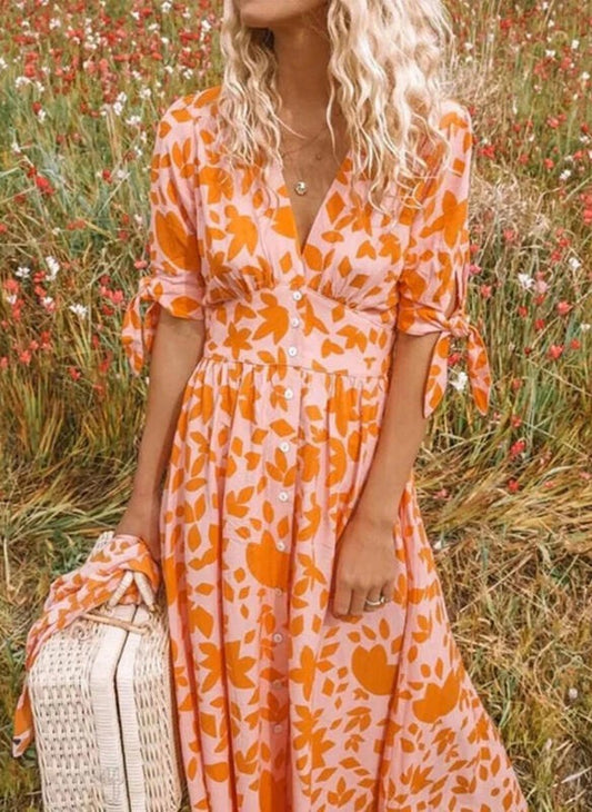 Robe midi femme – Coupe fluide – Motif fleuri – Tissu respirant – Manches nouées