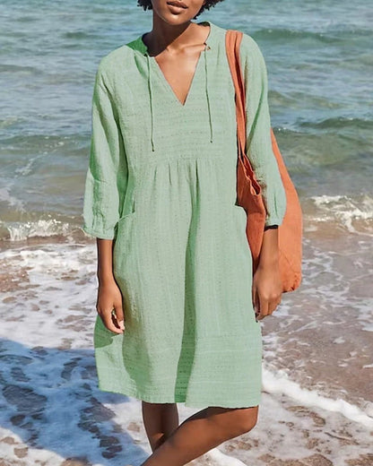 Robe femme – Coupe décontractée – Fibre naturelle – Manches 3/4 – Col en V