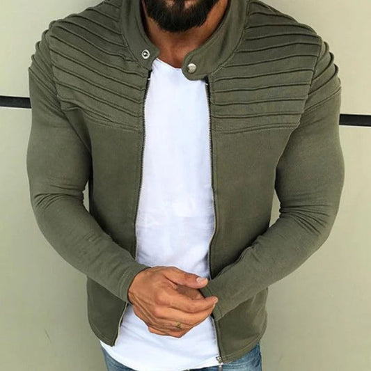 Veste homme – Coupe slim – Coton – Col montant – Détails côtelés – Fermeture zippée