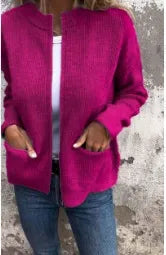 Veste femme – Coupe ample – Maille côtelée – Col montant – Fermeture zippée
