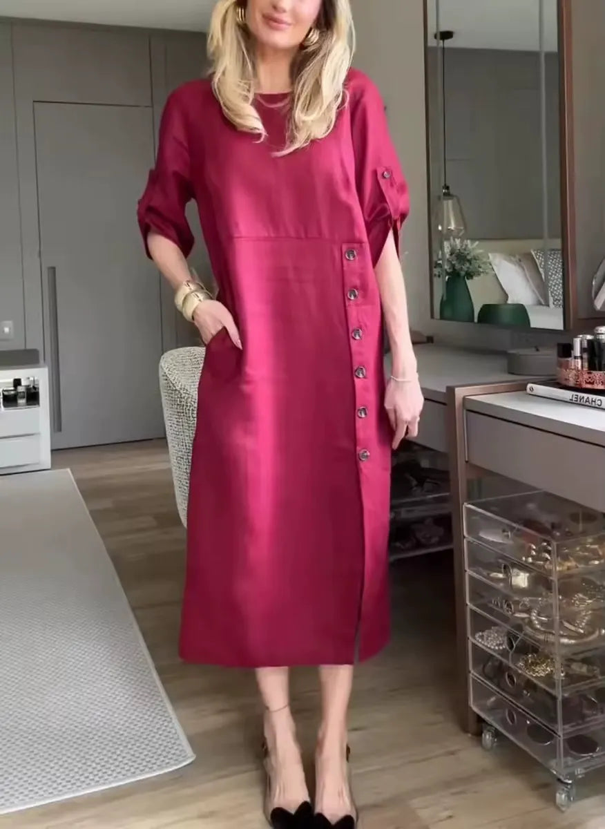Robe midi femme – Coupe décontractée – Lin et coton – Manches courtes roulottées – Boutons côté