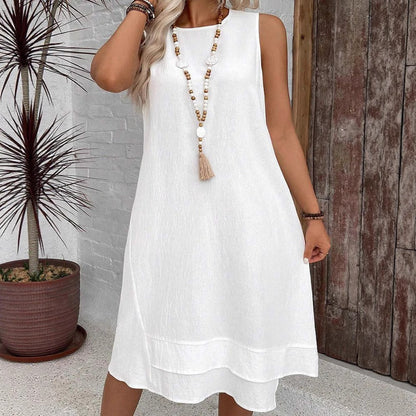 Robe midi femme – Coupe fluide – Sans manches – Col rond – Tissu léger respirant