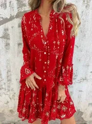 Robe femme – Coupe évasée – Manches en dentelle – Ourlet à volants – Détails métalliques