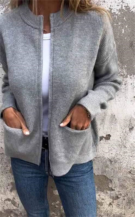Veste zippée femme – Maille laine – Coupe décontractée – Col montant – Poches avant