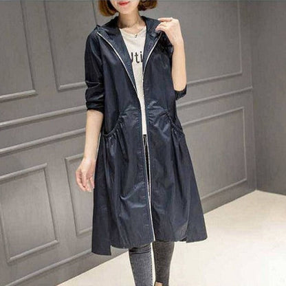 Veste imperméable femme – Coupe décontractée – Longueur genou – Capuche – Zip complet