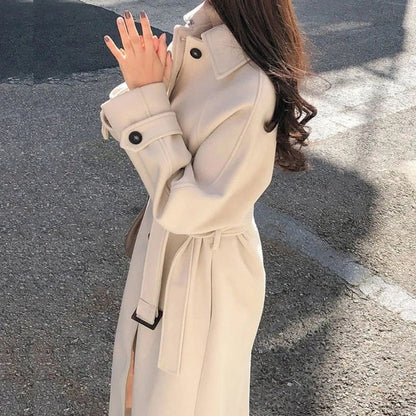 Manteau trench femme – Laine mélangée – Coupe décontractée – Longueur cheville