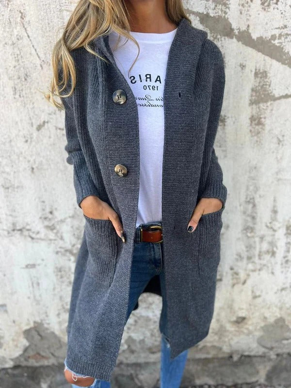 Gilet long femme – Coupe décontractée – Maille laine – Col châle – Poches – Boutonné