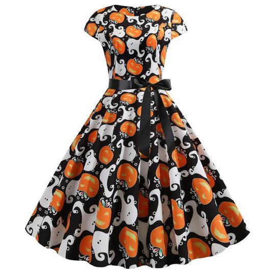 Robe midi femme – Coupe évasée – Manches courtes – Taille ceinturée – Imprimé festif