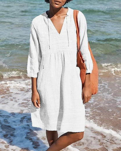 Robe femme – Coupe décontractée – Fibre naturelle – Manches 3/4 – Col en V