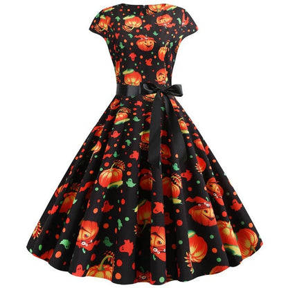 Robe midi femme – Coupe évasée – Manches courtes – Taille ceinturée – Imprimé festif