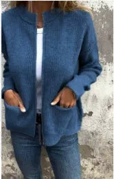 Veste femme – Coupe ample – Maille côtelée – Col montant – Fermeture zippée