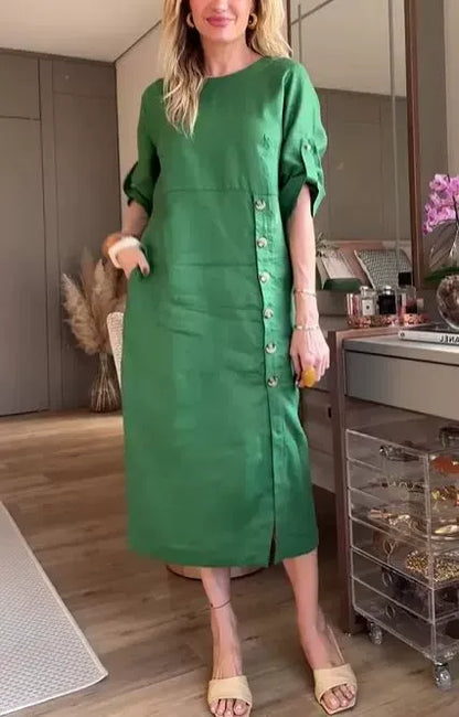 Robe midi femme – Coupe décontractée – Lin et coton – Manches courtes roulottées – Boutons côté