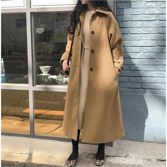 Manteau trench femme – Laine mélangée – Coupe décontractée – Longueur cheville