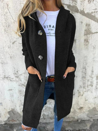 Gilet long femme – Coupe décontractée – Maille laine – Col châle – Poches – Boutonné