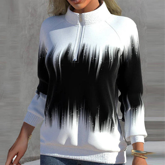 Sweat-shirt femme – Coupe ample – Col zippé – Poignets côtelés – Motif dégradé