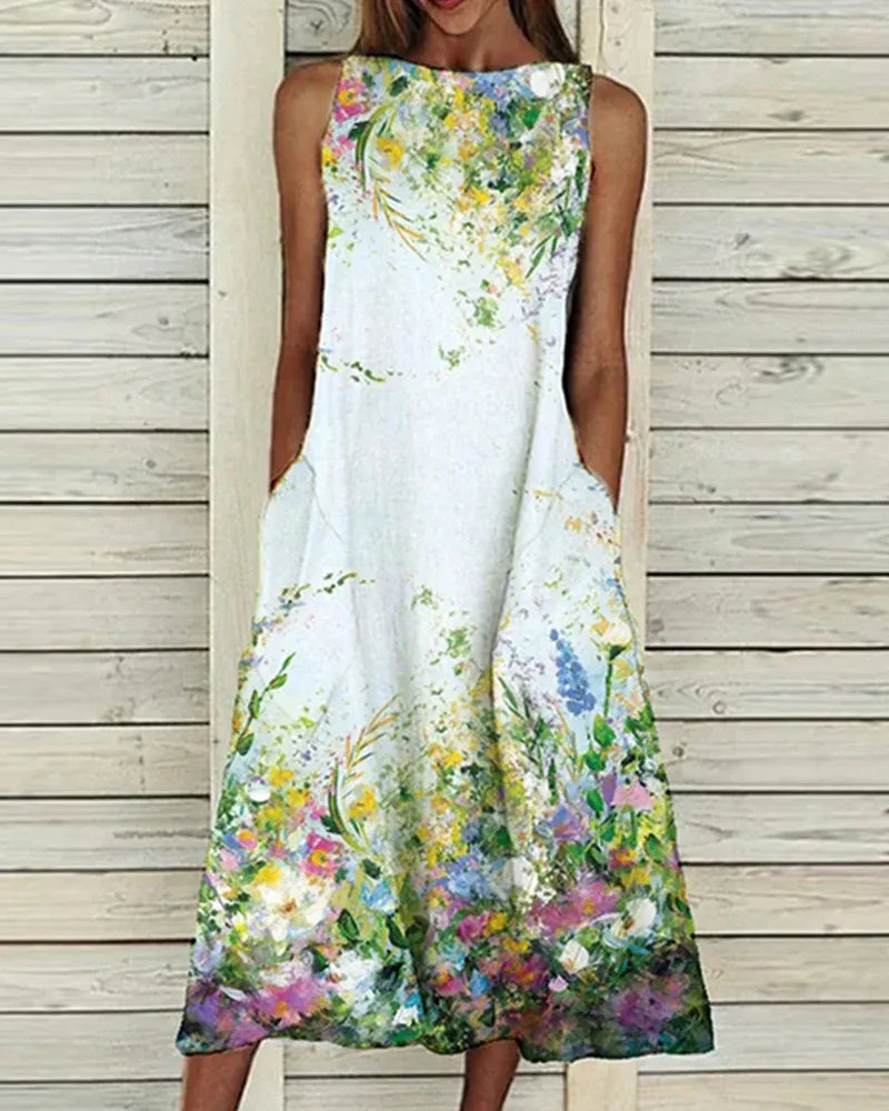 Robe midi femme – Coupe décontractée – Sans manches – Tissu respirant – Motifs floraux