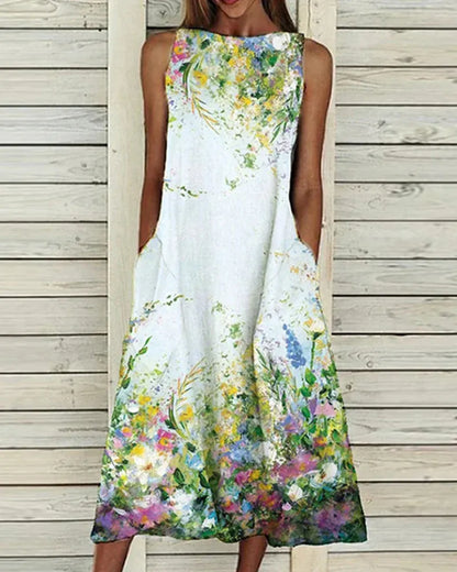 Robe midi femme – Coupe décontractée – Sans manches – Tissu respirant – Motifs floraux