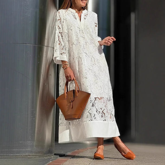 Robe midi femme – Dentelle florale – Coupe ample – Manches longues – Col en V