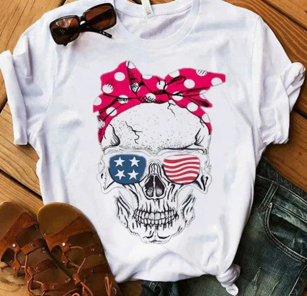 T-shirt femme – Coupe décontractée – Coton doux – Manches courtes – Imprimé tête de mort