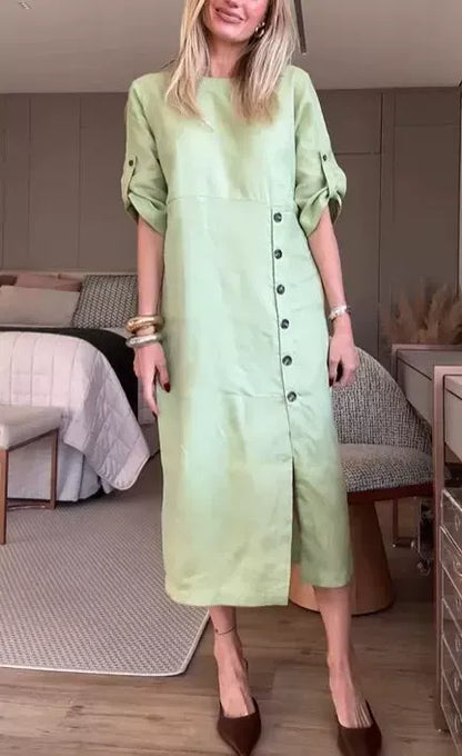 Robe midi femme – Coupe décontractée – Lin et coton – Manches courtes roulottées – Boutons côté