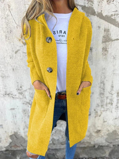 Gilet long femme – Coupe décontractée – Maille laine – Col châle – Poches – Boutonné