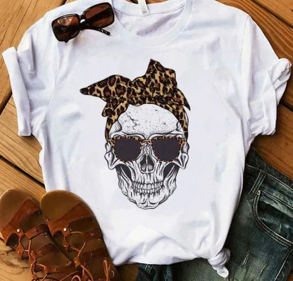 T-shirt femme – Coupe décontractée – Coton doux – Manches courtes – Imprimé tête de mort