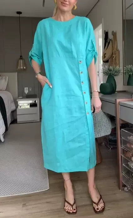 Robe midi femme – Coupe décontractée – Lin et coton – Manches courtes roulottées – Boutons côté