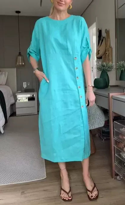 Robe midi femme – Coupe décontractée – Lin et coton – Manches courtes roulottées – Boutons côté
