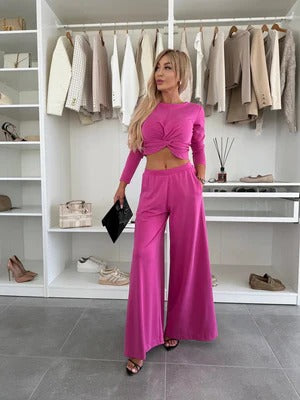 Ensemble Femme – Haut Court Noué Manches Longues – Pantalon Large Taille Haute