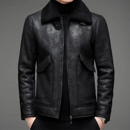 Blouson en cuir homme – Coupe régulière – Col sherpa – Fermeture zippée – Style vintage